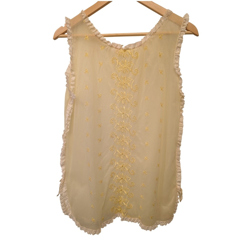 Vintage Sheer Yellow Lace Trim Chemise Top Pajamas Sleepwear Embroidered